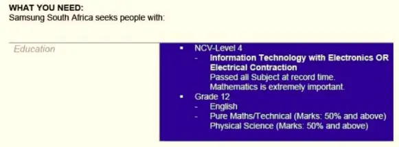requirements samsung learnership