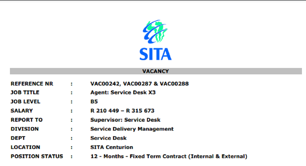SITA Vacancies Jobs: Service Desk Agents (March 2024)