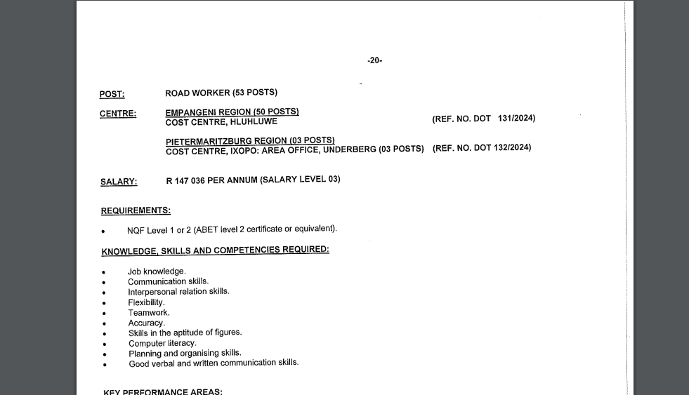 Road Worker Vacancies (X53 Posts) at KZN Dept of Transport