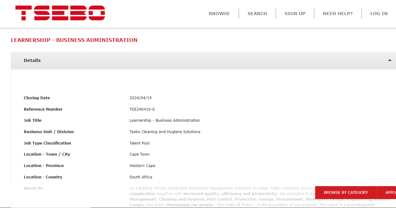 Tsebo: Business Administration Learnerships 2024