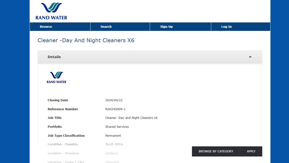 Rand Water is recruiting Day and Night Swift Cleaners