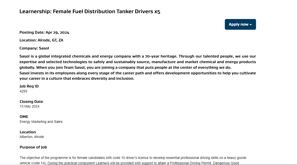 Sasol Learnership: Female Fuel Distribution Tanker Drivers x5