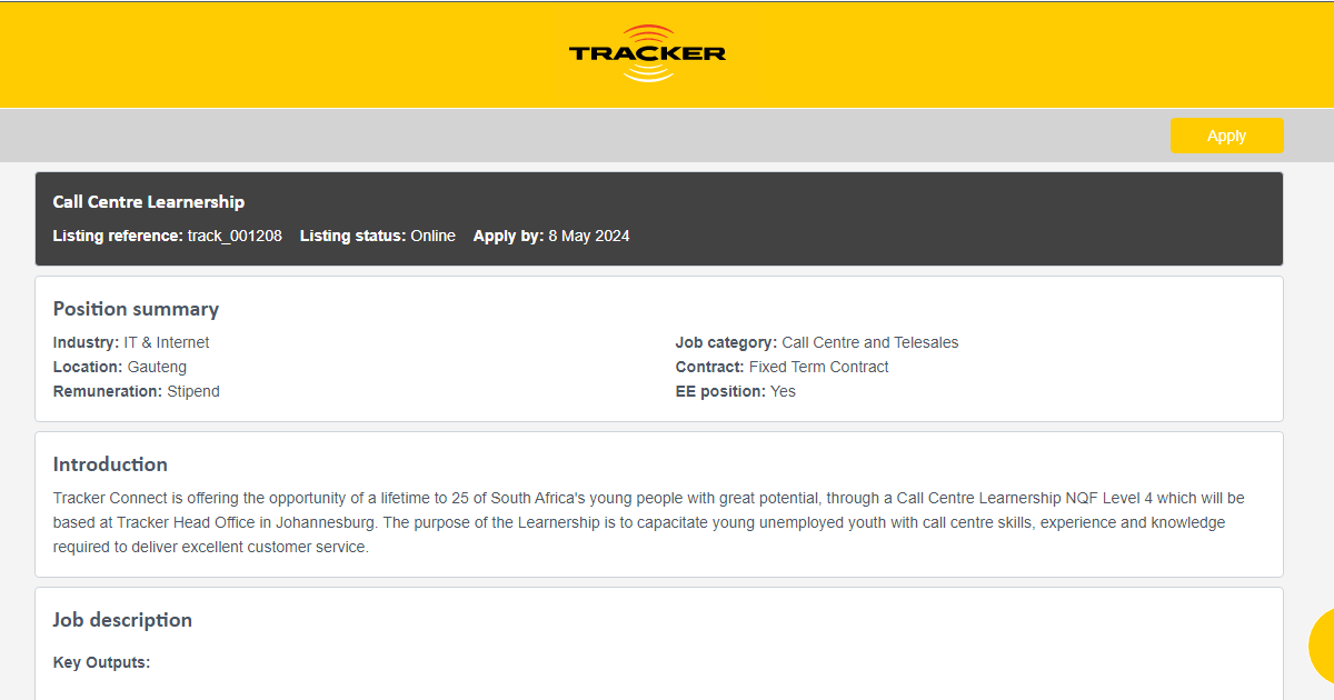 Tracker Connect: Call Centre Learnership 2024 (X25 Posts)